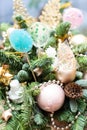 Many colorful lollipop on decorated Christmas tree, top view,balls, stars, cones, hearts, gold toys Royalty Free Stock Photo