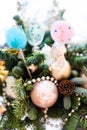 Many colorful lollipop on decorated Christmas tree, top view,balls, stars, cones, hearts, gold toys Royalty Free Stock Photo