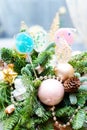 Many colorful lollipop on decorated Christmas tree, top view,balls, stars, cones, hearts, gold toys Royalty Free Stock Photo