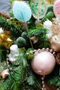 Many colorful lollipop on decorated Christmas tree, top view, balls, stars, cones, hearts, gold toys, angel Royalty Free Stock Photo