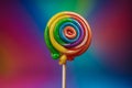 Colorful lollipop swirl on stick, striped spiral multicolor candy, Lollipop Rainbow Colors on a colorful background