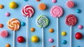 Colorful lollipops and assorted candies on a blue background Royalty Free Stock Photo