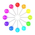 Colorful lollipops, circle arranged. Top view. 3D