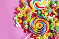 Colorful lollipops and different colored round candy Royalty Free Stock Photo