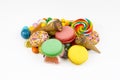 Colorful lollipops and different colored round candy. Top view Royalty Free Stock Photo