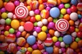 Colorful lollipops and different colored round candy. Top view. Generative AI Royalty Free Stock Photo