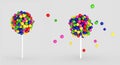 Colorful lollypop balls scattering colorful chocolate chips on white background