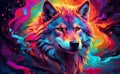A colorful long haired Wolf illustration.