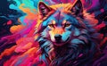 A colorful long haired Wolf illustration.