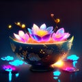 Colorful lotus flower in a bowl with lights. Vector illustration Generative AI