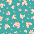 Colorful love heart vector seamless pattern in boho style. Aqua blue pink retro floral hearts and flowers backdrop Royalty Free Stock Photo