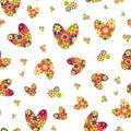 Colorful love heart vector seamless pattern in boho style. Bright floral hearts and flowers on white backdrop. Scattered
