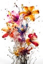 Colorful lovely flowers on water with splashing drops backdrop. Floristic decoration. Natural floral white background. Created