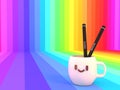 COLORFUL LOVELY KAWAII MUG WITH BLACK PENCIL AND RAINBOW BACKGROUND D ILLUSTRATION