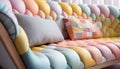 Colorful loveseat tufted sofa with cushions. Created with generative AI