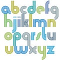 Colorful lowercase letters with rounded corners, animated spherical striped font with outline.