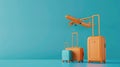 Colorful luggage and airplane on blue background