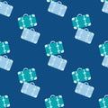 Colorful luggage seamless vector pattern background. Monochrome aqua navy blue backdrop with pairs of suitcases. Simple