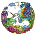 Colorful lying unicorn with flowers vector illustration