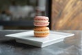 Colorful macaron cookies displayed on square plate stand attractively