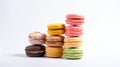 a colorful macaron tower with a variety of flavors, on a white background. Generative AI