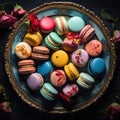 colorful macarons, arranged in a spiral pattern on a vintage plate by AI generated