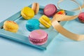 Colorful Macarons in Blue Frame Royalty Free Stock Photo