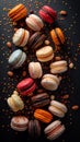 Colorful macarons with chocolate sprinkles and nuts on a black background