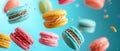 Colorful Macarons Suspended In The Air On A White Background, Evoking The Delightful Essence Of Gourmet Sweets Royalty Free Stock Photo