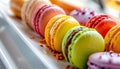 A colorful macaroon collection on a white plate, indulgent sweetness