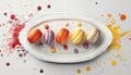 A colorful macaroon collection on a white plate, indulgent sweetness