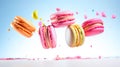 Colorful macaroons or macarons falling or flying over background. Copy space. Generative AI