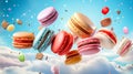 Colorful macaroons or macarons falling or flying over background. Copy space. Generative AI