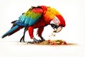 Colorful macaw parrot eating grain on a white background. Bird food