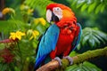 Colorful macaw parrot sitting on a tree branch with leaves, AI Generated Royalty Free Stock Photo
