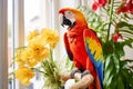 Colorful macaw parrot sitting on a window sill with flowers