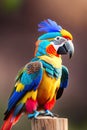 Colorful macaw parrot on wooden pole with blurred background Royalty Free Stock Photo
