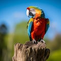 Colorful macaw on a tree stump in the forest with a blue sky