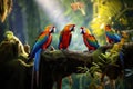 Colorful macaws sitting on a branch in a tropical forest, Beautiful macaws in the jungle, including the Blue-and-yellow macaw, AI Royalty Free Stock Photo