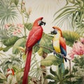 Colorful Macaws In A Tropical Green Flower: A Hyperrealistic Wildlife Portrait Royalty Free Stock Photo