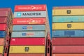 Colorful Maersk, MSC, Hamburg Sud shipping containers stacked at container ship Royalty Free Stock Photo