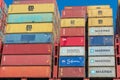 Colorful Maersk, MSC, Hamburg Sud shipping containers stacked at container ship Royalty Free Stock Photo