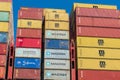 Colorful Maersk, MSC, Hamburg Sud shipping containers stacked at container ship Royalty Free Stock Photo