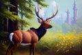 Colorful magic elk in forest, cartoon style painting. Generative ai art illustration Royalty Free Stock Photo