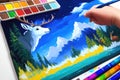 Colorful magic elk in forest, cartoon style painting. Generative ai art illustration Royalty Free Stock Photo