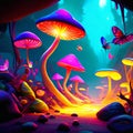 Colorful magic mushrooms in the aquarium. 3d rendering. Computer digital drawing. AI Generated Royalty Free Stock Photo