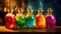 Colorful Magic Potions in Bottles on Blurred Background Royalty Free Stock Photo