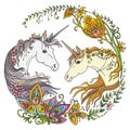Colorful magic unicorns with flowers vector illustration