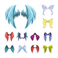 Colorful magic wings set. Graceful fairy wing mythical creatures with colored feathers and scales symbols of ancient