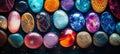 Colorful and magical gemstones on black background for jewelry and crystal healing concepts
